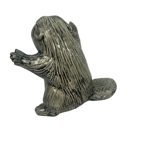 Handcrafted Ceramic Beaver Figurine Set Of Three Gray Black Textured Detailing - Picture 3 of 11